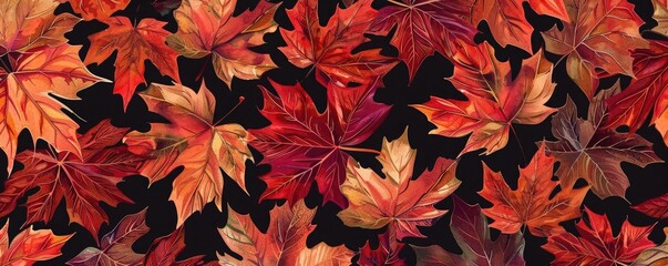 Seamless pattern of maple leaves, autumn palette with detailed textures, ideal for fabric and wallpaper designs