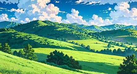 anime style background of rolling green hills under a clear blue sky with scattered white clouds open space and tranquility, perfect for a cozy and inviting natural landscape