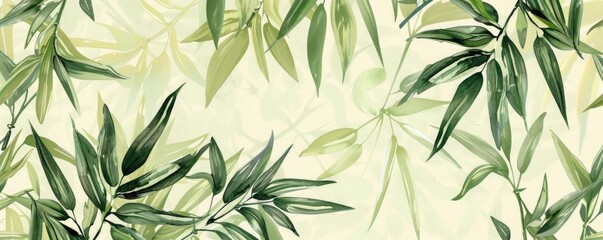 Obraz premium Seamless fabric pattern of bamboo leaves, soft greens and intricate details for an elegant and natural look