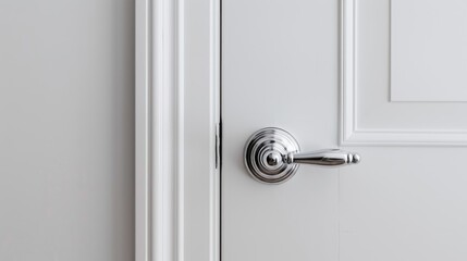 Luxurious armored white door with chrome handle isolated on white background Steel door for interior design with emphasis on home security Ample space for ad text