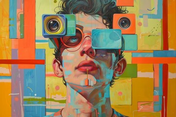 Painting of a man with a camera mounted on his head, looking curious and ready to capture moments, Celebrating unique personalities and individual quirks in a painting