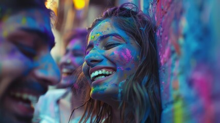 A closeup of a joyous group of friends covered in bright Holi colors