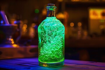 A glowing green glass bottle filled with a bubbling, bioluminescent potion.