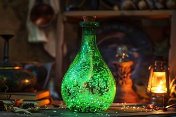 A glowing green glass bottle filled with a bubbling, bioluminescent potion.