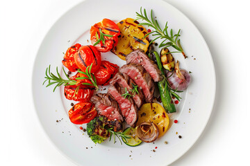 Grilled steak with vegetables on a white plate