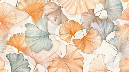 Elegant ginkgo leaves in a seamless fabric pattern, soft pastels and intricate details for a refined look