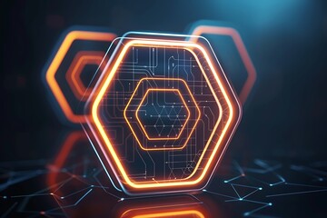 A glowing hexagon icon with a tech pattern, representing digital networks and connectivity