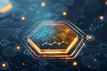 A glowing hexagon icon with a tech pattern, representing digital networks and connectivity