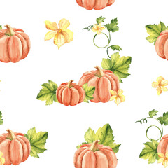 Pumpkin Watercolor Seamless Pattern on a white background. Can be used for kitchen textile prints, napkins, wrapping paper, product packaging design.