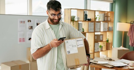 Man, package and phone for delivery of small business of e commerce order, online information and...