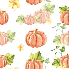 Pumpkin Watercolor Seamless Pattern on a white background. Can be used for kitchen textile prints, napkins, wrapping paper, product packaging design.