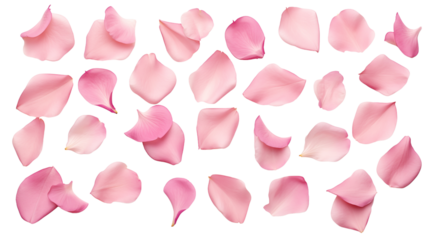 Set of pink rose petals transparent background.
