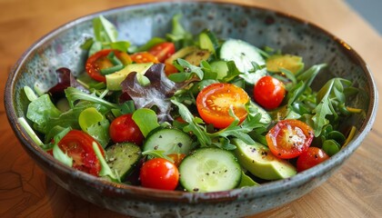 A vibrant salad of mixed greens, cherry tomatoes, cucumbers, and avocados drizzled with a light vinaigrette is a refreshing and healthy meal