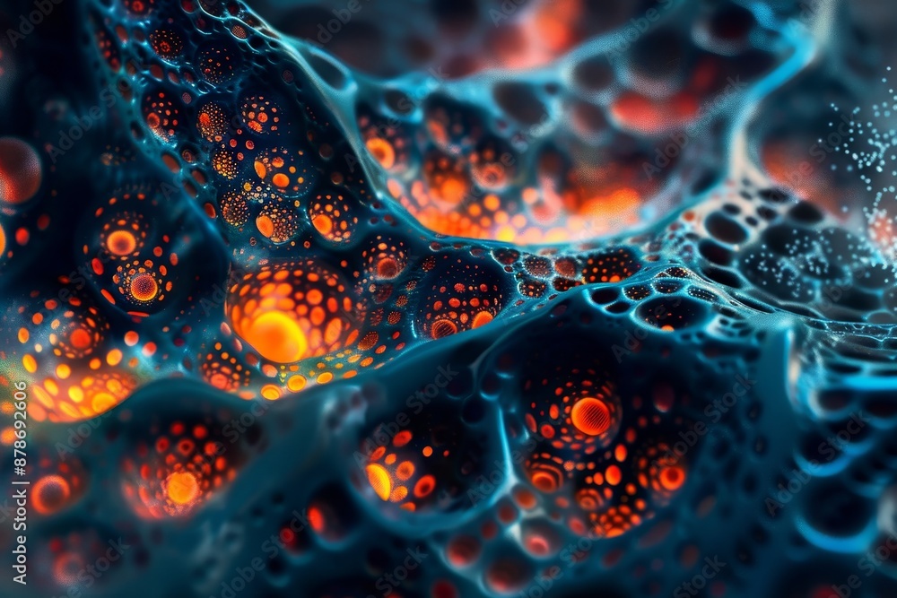 Poster detailed view of blue and orange substance with unique cell structures, cell structures with unique 