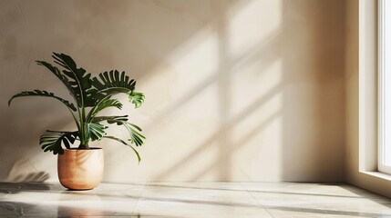 Minimalist interior with a muted wall and floor, featuring a vibrant Monstera plant pot for a refreshing atmosphere background