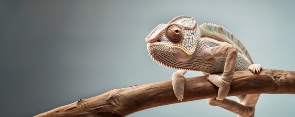 A detailed view of a chameleon lying on a wooden branch, showcasing its striking patterns and an intense gaze, blending perfectly with its environment.