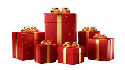 Set of red gift boxes adorned with shiny golden ribbons transparent background.