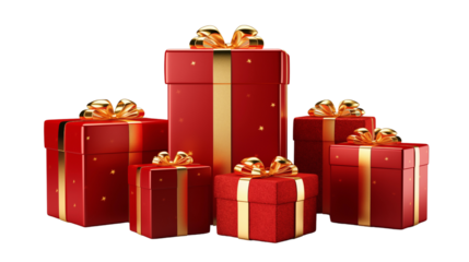 Set of red gift boxes adorned with shiny golden ribbons transparent background.