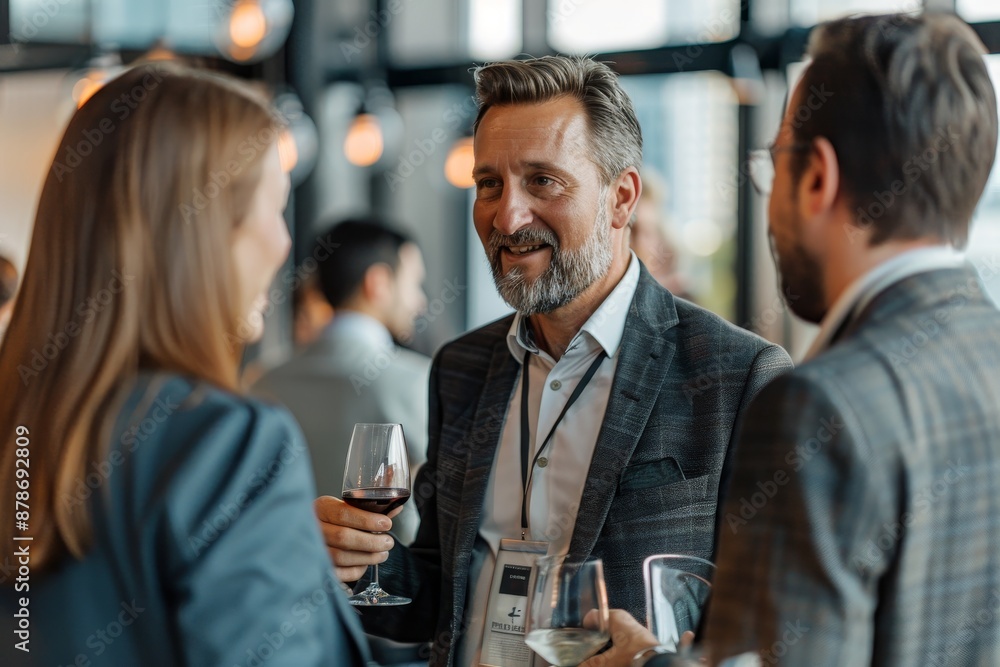 Poster corporate ceos mingling and networking around a table with wine glasses during a cocktail event, ceo
