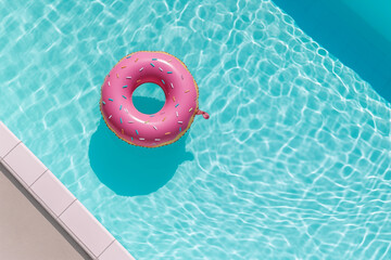 Pink lifebuoy floating in the pool, sunny day overhead view