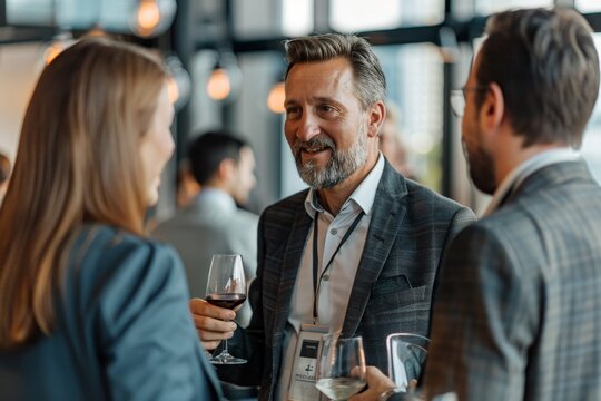 Corporate CEOs mingling and networking around a table with wine glasses during a cocktail event, CEOs mingling and networking at a corporate cocktail reception
