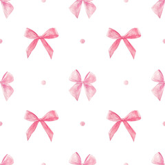 Soft pink watercolor coquette bow. Pastel ribbon seamless pattern hand drawn