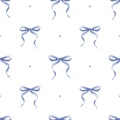 Soft blue watercolor coquette bow. Pastel blue ribbon seamless pattern hand drawn
