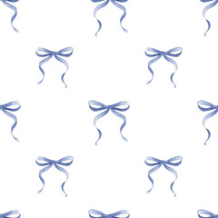 Soft blue watercolor coquette bow. Pastel blue ribbon seamless pattern hand drawn