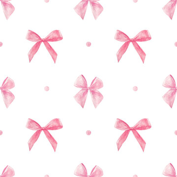 Soft pink watercolor coquette bow. Pastel ribbon seamless pattern hand drawn