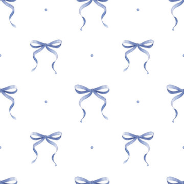 Soft blue watercolor coquette bow. Pastel blue ribbon seamless pattern hand drawn