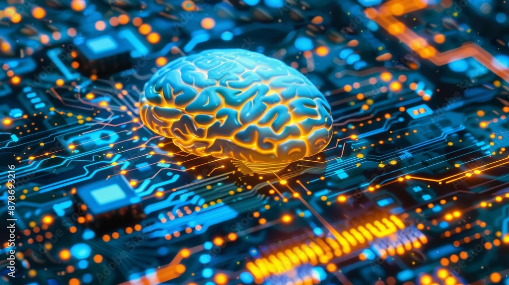 Poster a brain model symbolizes ai technology on a circuit board, blending digital innovation and cuttinged