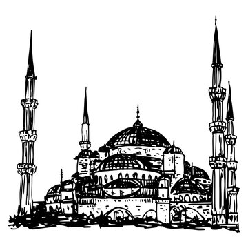 recommend clip art: View of The Blue Mosque in Istanbul, Turkey. The Sultan Ahmed Mosque. Hand drawn linear doodle rough sketch. Black and white silhouette.