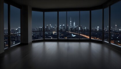 Fototapeta premium An empty room with beautiful city skyline view in dark