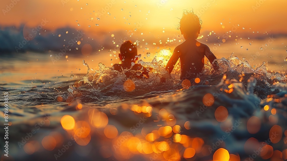 Aufkleber children playing in ocean waves at sunset creating joyful splashes and enjoying the golden hour with