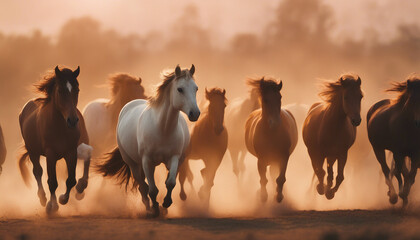 wild horses running in groups through the dust and smoke at river. 