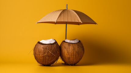 Two yellow background coconuts reference to summer with beach umbrella