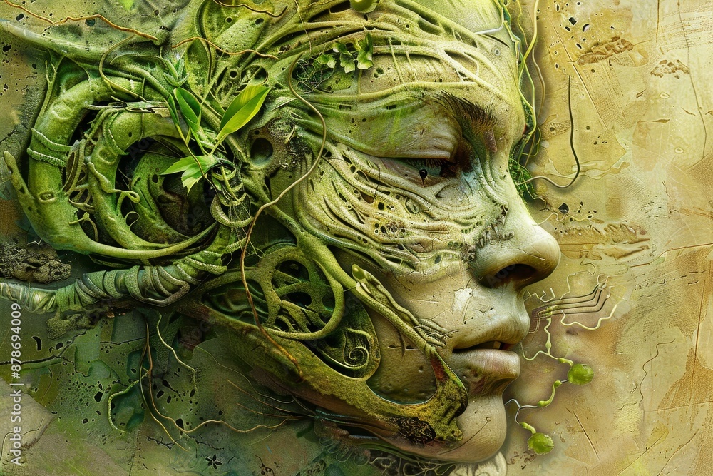 Poster painting displaying a womans face with vines growing out of it, challenge traditional artistic bound