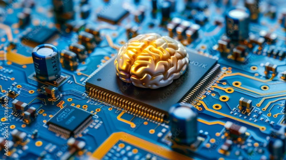 Poster a brain model symbolizes ai technology on a circuit board, blending digital innovation and cuttinged