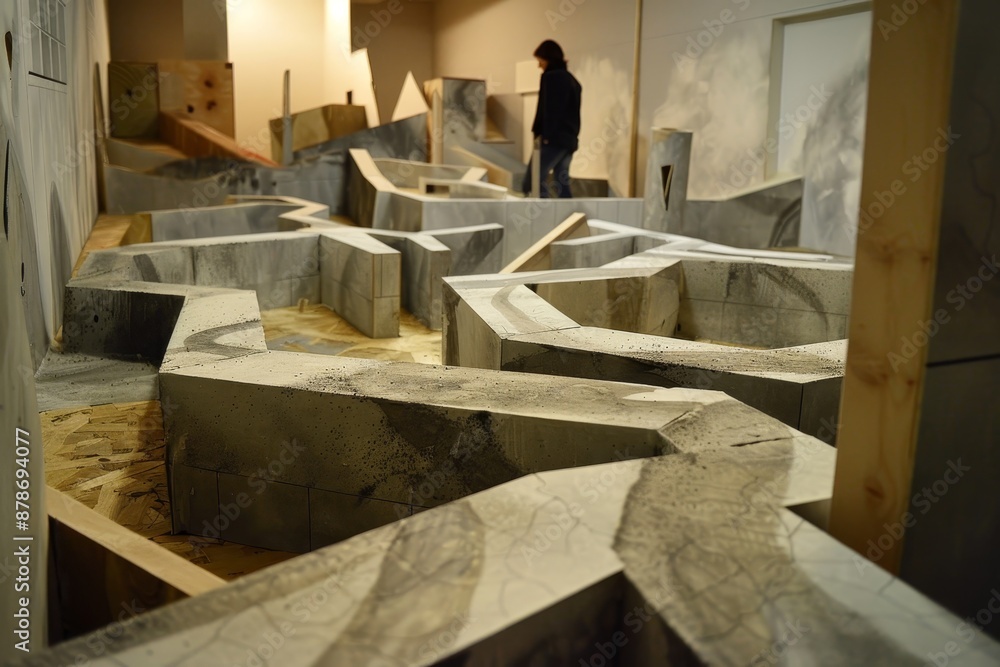 Poster an individual standing amidst concrete blocks in a room, challenge traditional notions of space and 