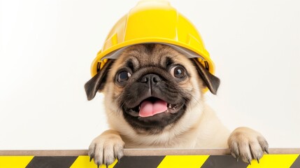 A pug wearing a yellow hard hat is smiling and looking at the camera. Concept of playfulness and humor, as the dog is dressed up in a construction worker's outfit