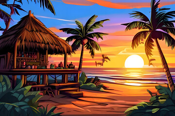 A thatched tiki bar and wooden hut adorned with tribal masks stand tall against the setting sun. The golden hour casts a magical glow over the sandy beach, inviting relaxation and escape.