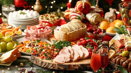 Festive dining table setup with various delicious holiday food items and drinks for Christmas celebration concept