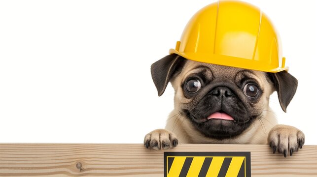 A small dog wearing a yellow hard hat is looking at the camera. The dog is standing in front of a wooden board with a yellow and black striped sign on it. The image conveys a playful
