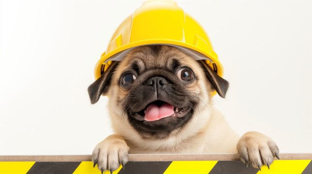 A pug wearing a yellow hard hat is smiling and looking at the camera. Concept of playfulness and humor, as the dog is dressed up in a construction worker's outfit