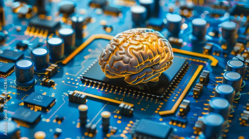 Poster a brain model symbolizes ai technology on a circuit board, blending digital innovation and cuttinged