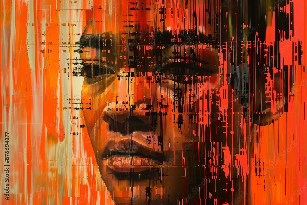 Poster painting of a womans face against a vibrant red background, challenge traditional perceptions of art