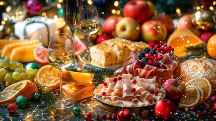 Naklejka premium Festive holiday table with assorted fruits wine festive delicacies lights and decor a rich and colorful festive atmosphere for a joyful celebration holiday concept