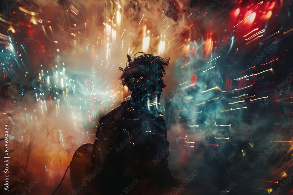Poster a man standing in front of a vibrant and colorful firework display, challenge yourself to create a u