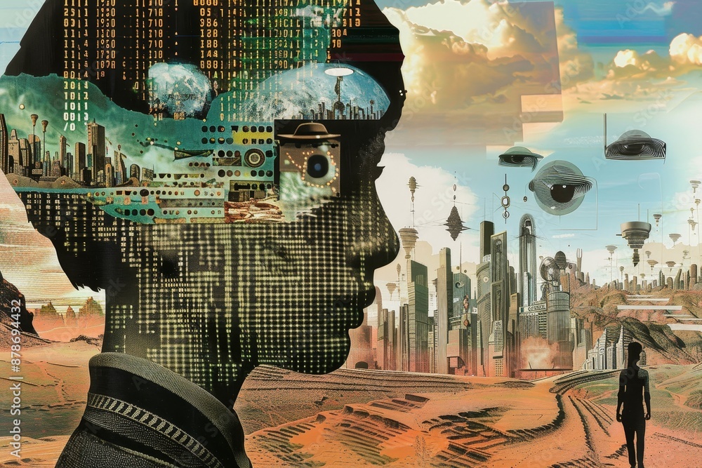 Poster collage featuring a mans head in the foreground with a futuristic city skyline in the background, ch