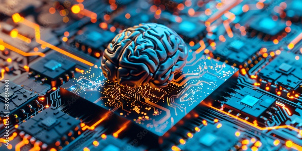 Poster a brain model symbolizes ai technology on a circuit board, blending digital innovation and cuttinged